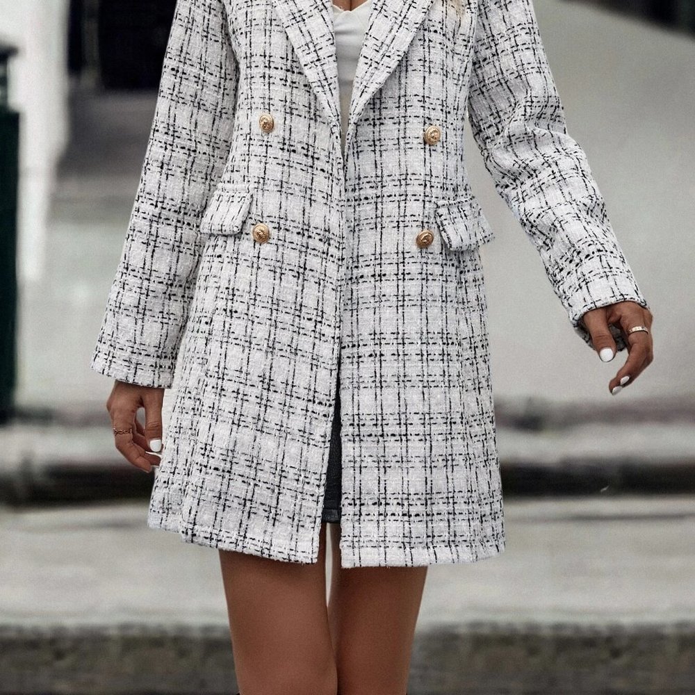 White Preppy Womens Plaid Pattern Double Breasted Tweed Overcoat - Picture 3 of 5